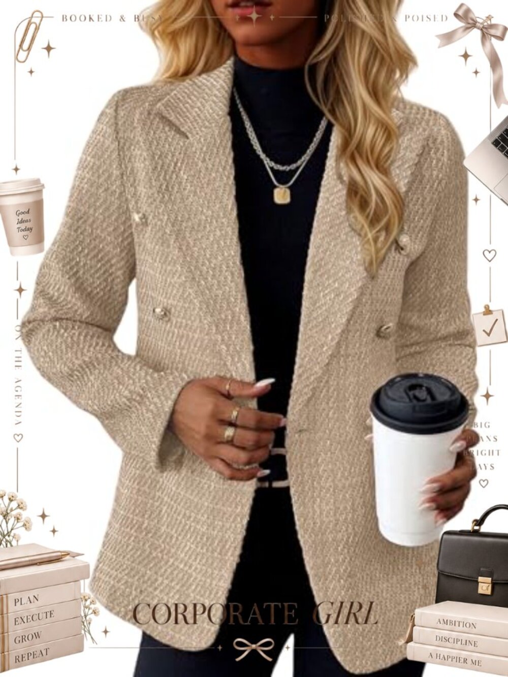 Tweed Blazer Double-Breasted Houndstooth Slim Fit Work Office Jacket